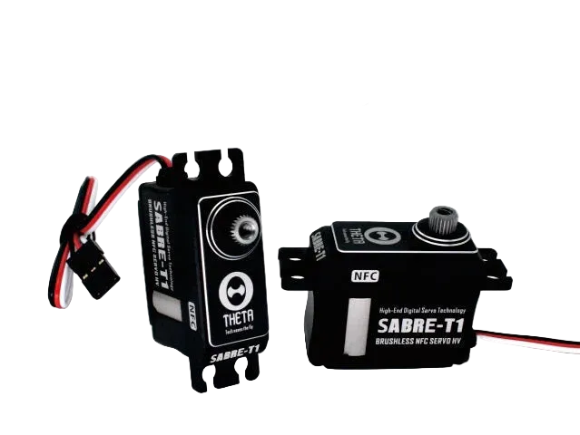 THETA T1 NFC HV Brushless Tail Servo, THETA SABRE-T1 brushless NFC tail servo with black aluminum case, mounting tabs, output spline, and lead wire