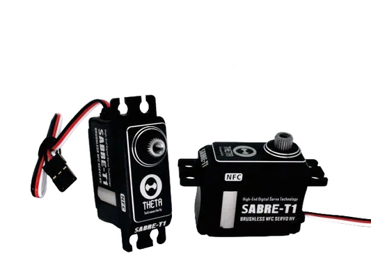 THETA T1 NFC HV Brushless Tail Servo, THETA SABRE-T1 brushless NFC tail servo with black aluminum case, mounting tabs, output spline, and lead wire