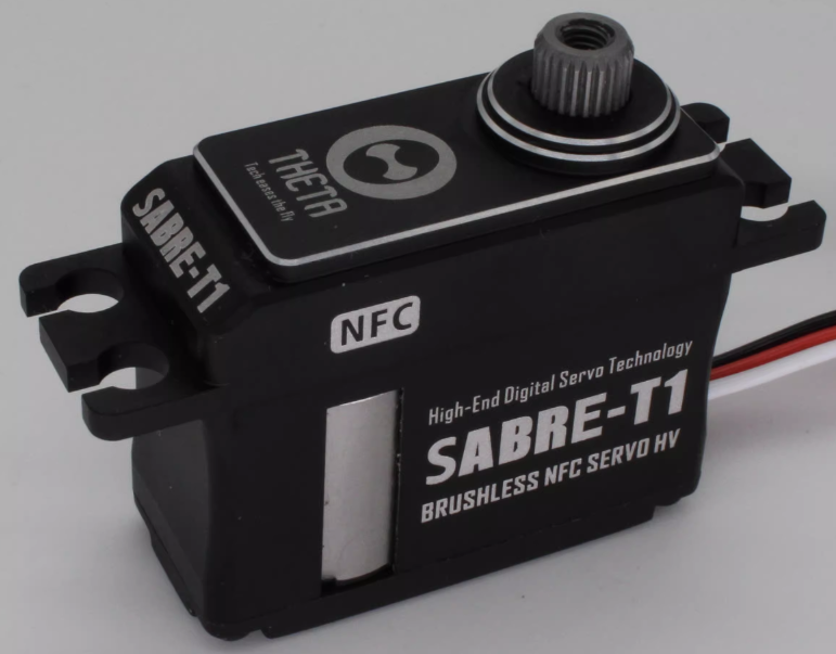 THETA T1 NFC HV Brushless Tail Servo, THETA SABRE-T1 brushless NFC servo HV with metal case, mounting tabs, and output spline, black housing