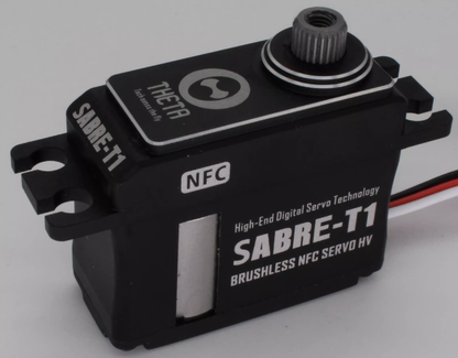 THETA T1 NFC HV Brushless Tail Servo, THETA SABRE-T1 brushless NFC servo HV with metal case, mounting tabs, and output spline, black housing