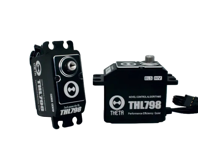 THETA THL798 HV Full Size Brushless Servo, THETA THL798 HV full-size brushless servo with metal output spline, mounting tabs, and black aluminum case