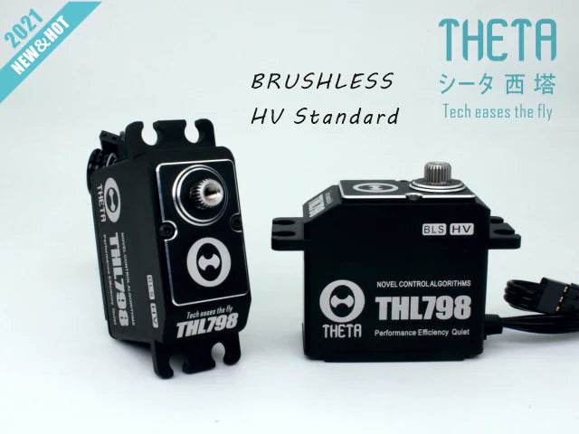THETA THL798 HV Full Size Brushless Servo, THETA THL798 BLS HV brushless full-size servo with metal output spline, mounting tabs, and lead wire