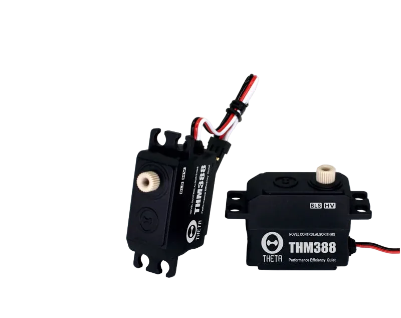 THETA THM388 F3A HV Mini Brushless Servo, THETA THM388 mini brushless servo motor with white output spline, mounting tabs, and 3-wire lead, black case