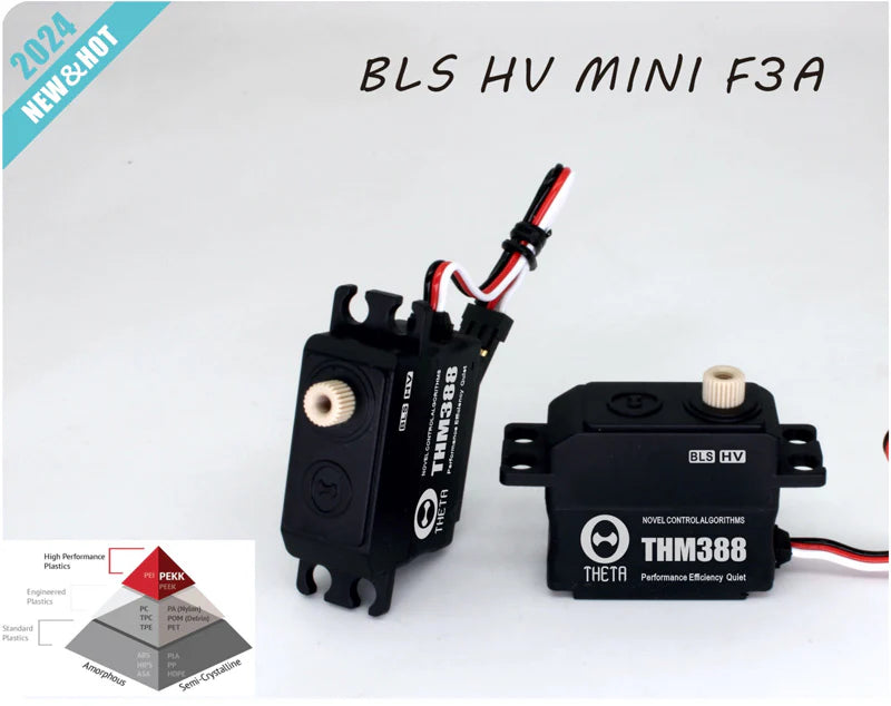 THETA THM388 F3A HV Mini Brushless Servo, THETA THM388 BLS HV mini brushless servo with mounting tabs, white output spline, and 3‑wire lead