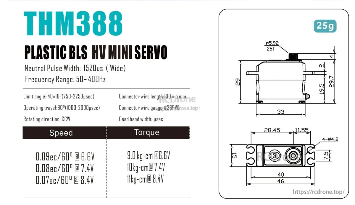 THETA THM388 F3A HV Mini Brushless Servo, THETA THM388 HV mini brushless servo spec sheet with 25g weight, torque/speed ratings, and dimension drawings