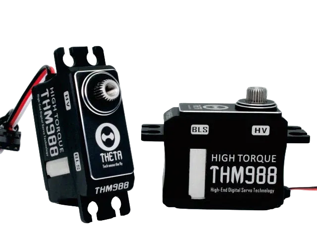 THETA THM988 HV Mini Brushless Servo, THETA THM988 HV mini brushless digital servo with metal spline output shaft, mounting ears, and lead wire