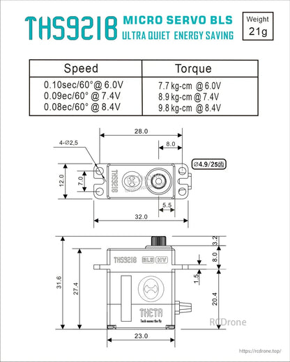 THETA THS921B HV Micro Brushless Servo, THETA THS921B micro brushless HV servo specs with speed/torque table, 21g weight, and dimension drawing