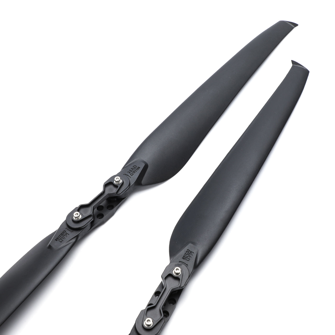 MAD TIPUP 24x8.0in Polymer Drone Folding Propeller, MAD TIPUP black polymer folding drone propeller blades with hinged hub and mounting screws