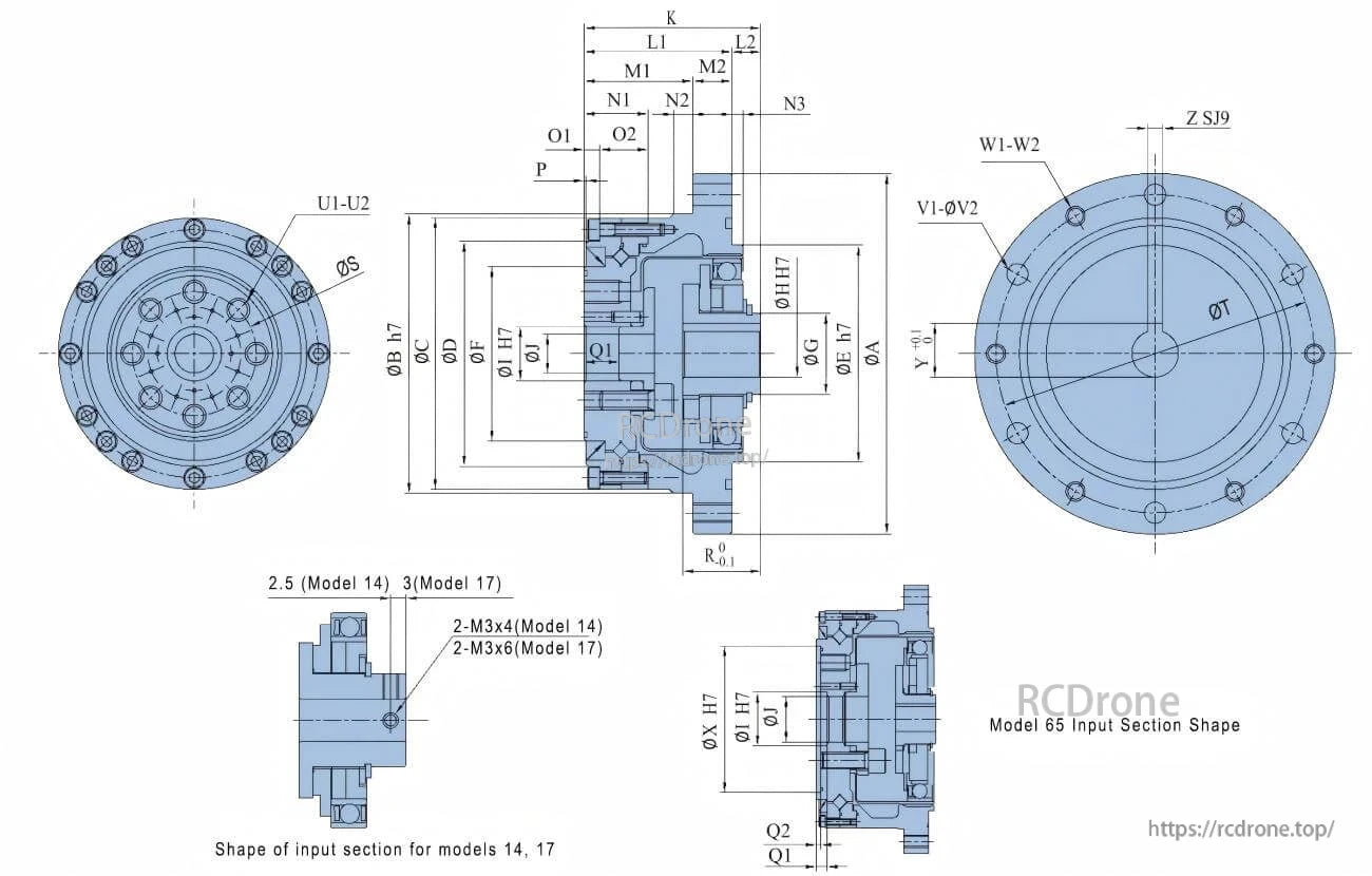 Technical drawing of TLIBOT FCS-AO 14 robot motor, including dimensions, input shapes for models 14, 17, 65, and detailed views with specifications.