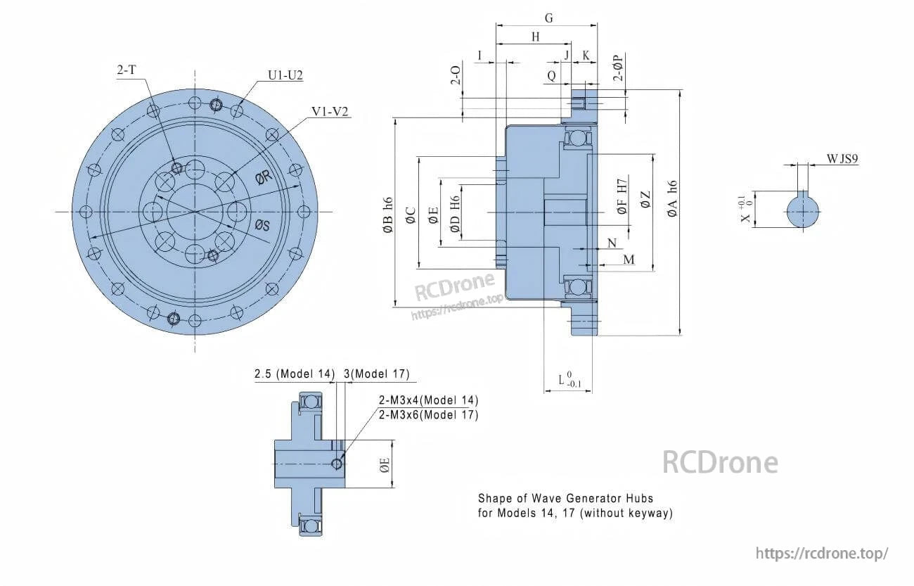 TLIBOT FCS-CJ Model 14 Robot Motor, Technical drawing of TLIBOT FCS-CJ Model 14 motor with dimensions and wave generator hub shapes for Models 14 and 17, without keyway.