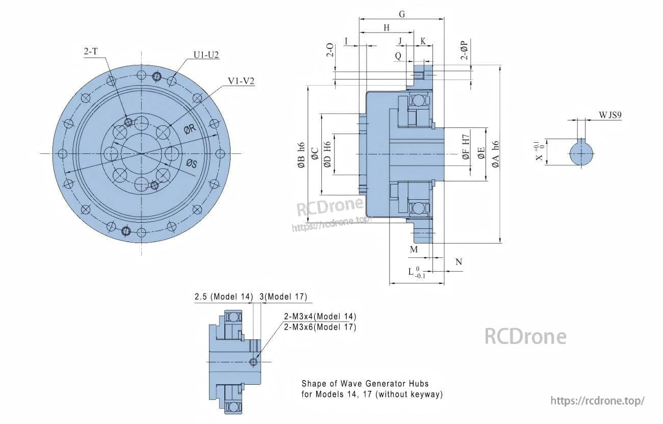 Technical drawing of TLIBOT FCS-CO Model 14 robot motor, including dimensions, wave generator hubs, and specs for Models 14 and 17 without keyway.
