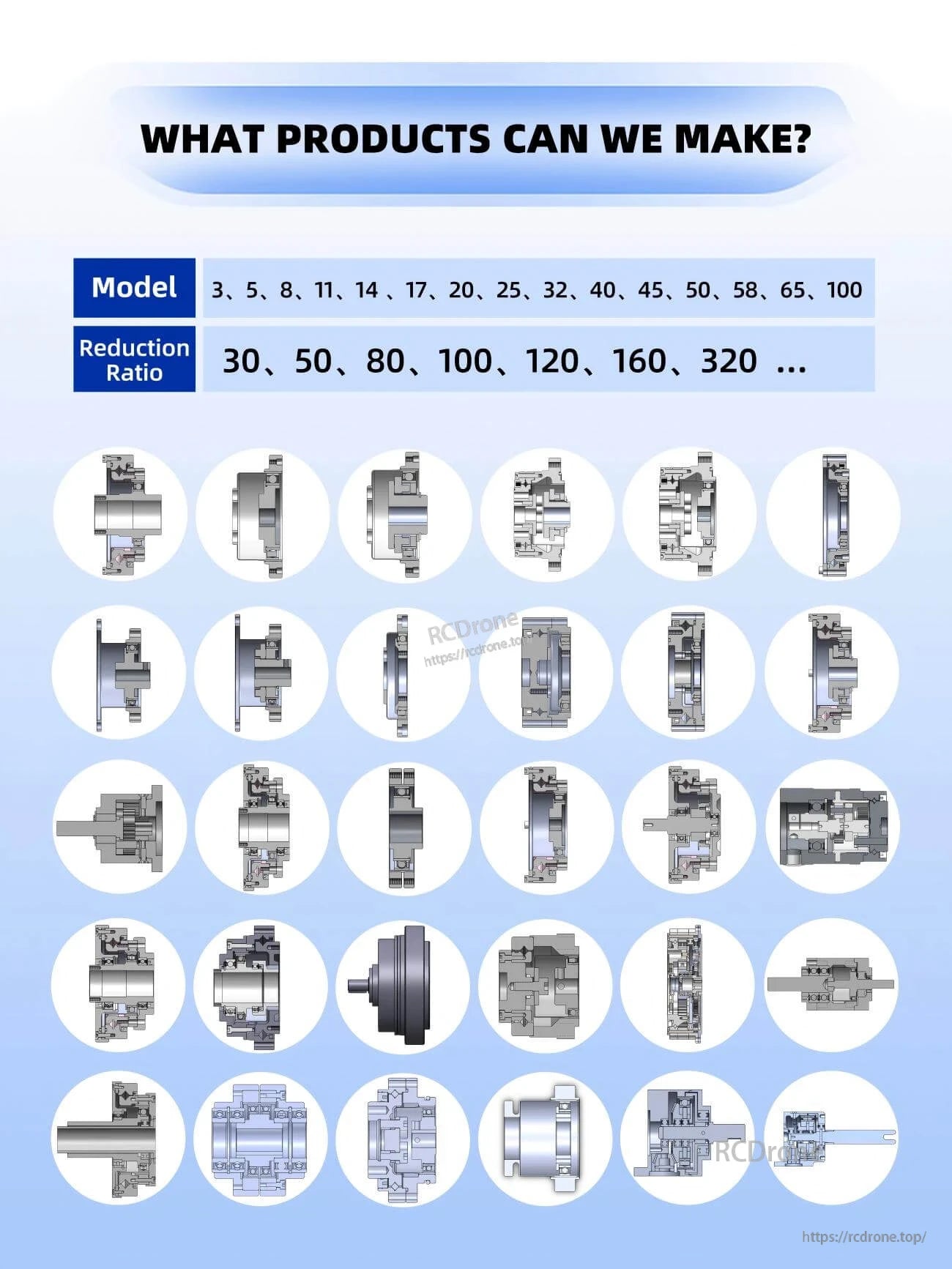 TLIBOT FHS-AH 14 Robot Motor, Available drone models: 3–100. Reduction ratios: 30–320. Multiple motor designs shown.