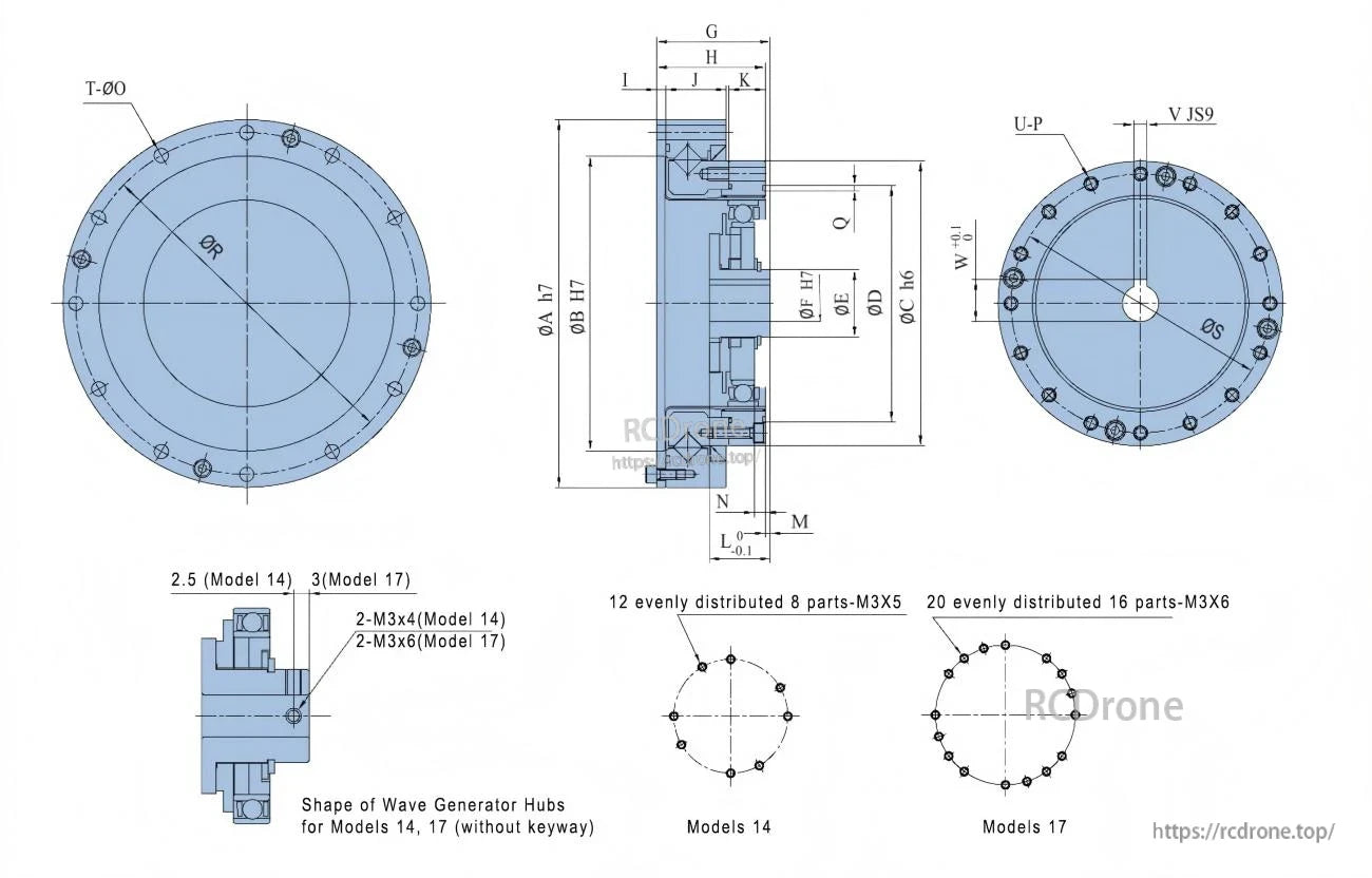 TLIBOT FHS-SO Model 14 Robot Motor, Technical drawing of TLIBOT FHS-SO Models 14 and 17 robot motors showing dimensions, bolt patterns, wave generator hub shapes, and specs in multiple views.