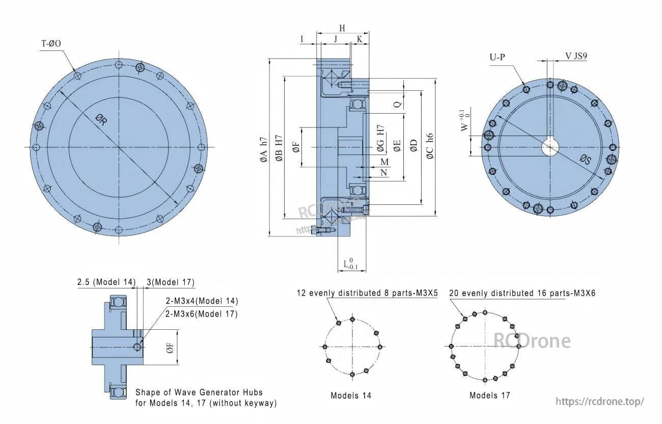 TLibot Model 14 Robot Motor, Technical drawing of TLibot Model 14 and 17 motor hubs with precise dimensions, bolt patterns, wave generator shapes, and specs for non-keyway models, including detailed views for manufacturing accuracy.