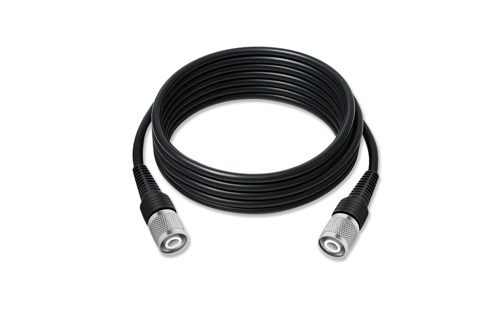 Coiled feeder coax cable with TNC male to TNC male connectors, threaded coupling nuts