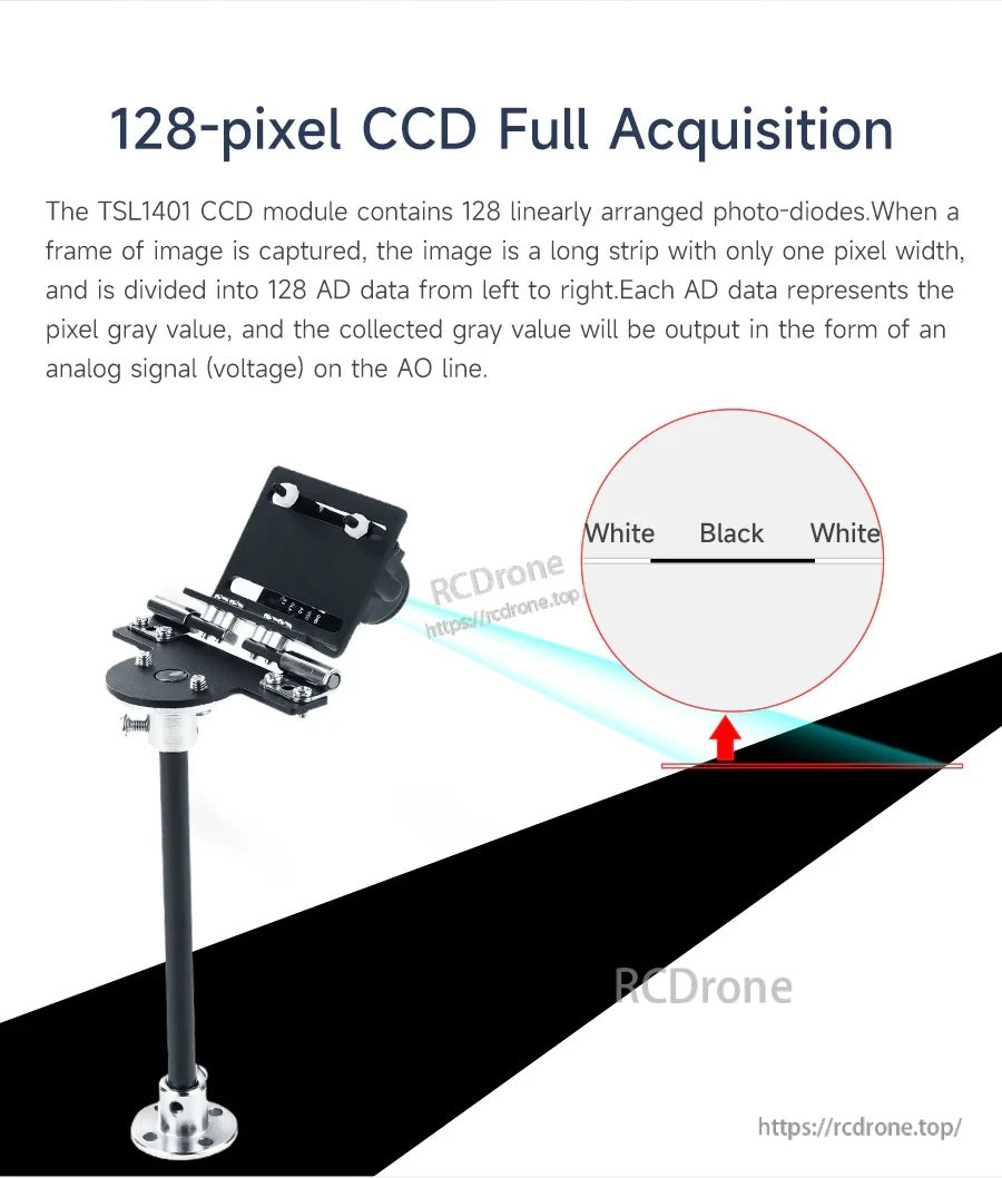 Linear CCD line-scan concept for 128-pixel acquisition, useful for black/white line tracking on a track