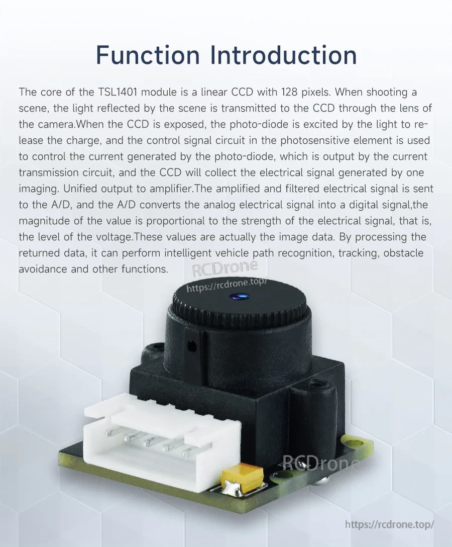 TSL1401 linear CCD module close-up highlighting the lens housing and onboard 5-pin connector