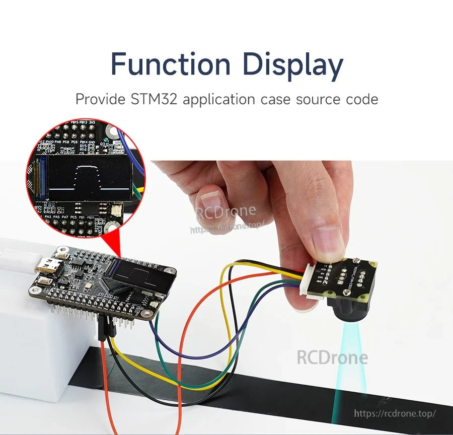 Wiring demo of the linear CCD module connected to an STM32 development board for line tracking