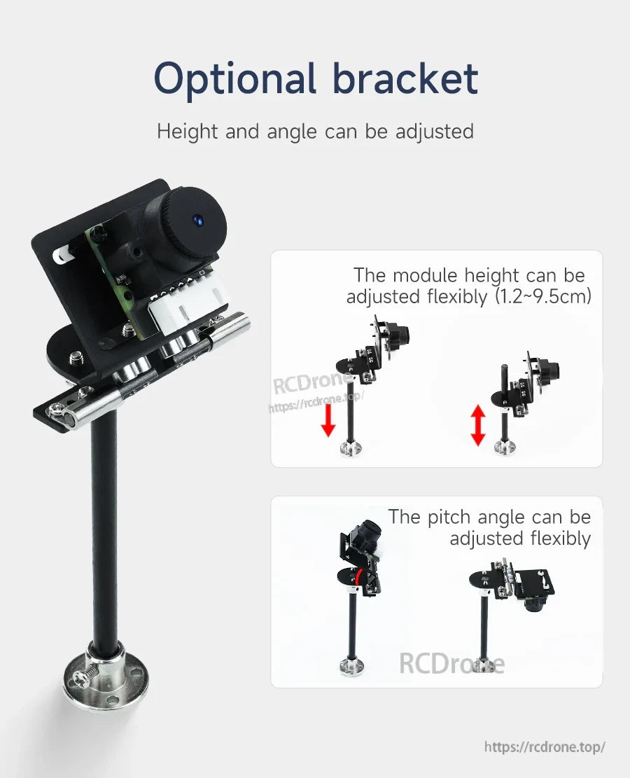 Optional height and angle adjustable bracket for mounting the linear CCD module, with adjustment range callouts
