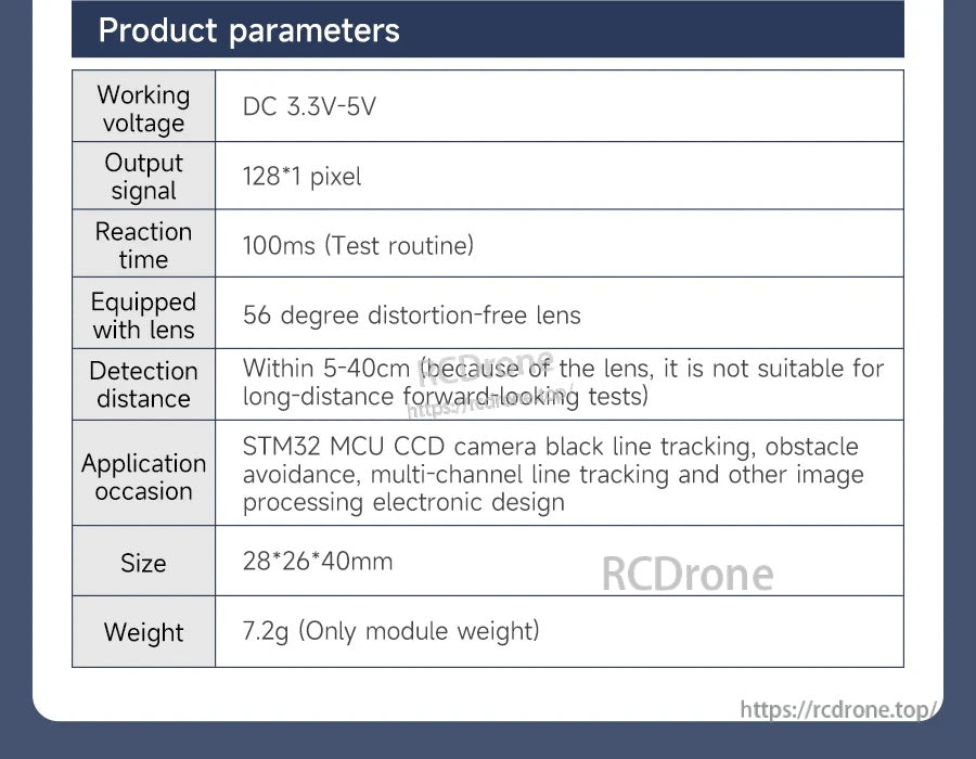 Product parameter table listing voltage range, 128×1 output, reaction time, lens angle, distance, size, weight