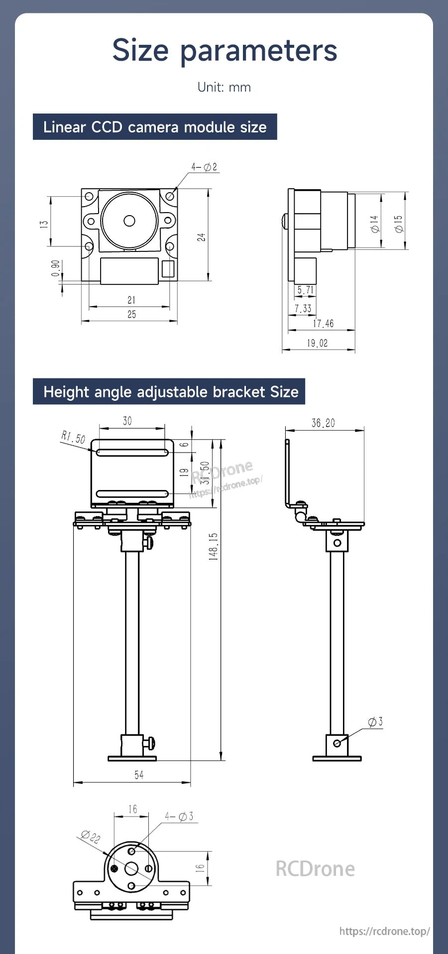 Mechanical dimension drawings for the linear CCD camera module and the optional adjustable bracket (mm)