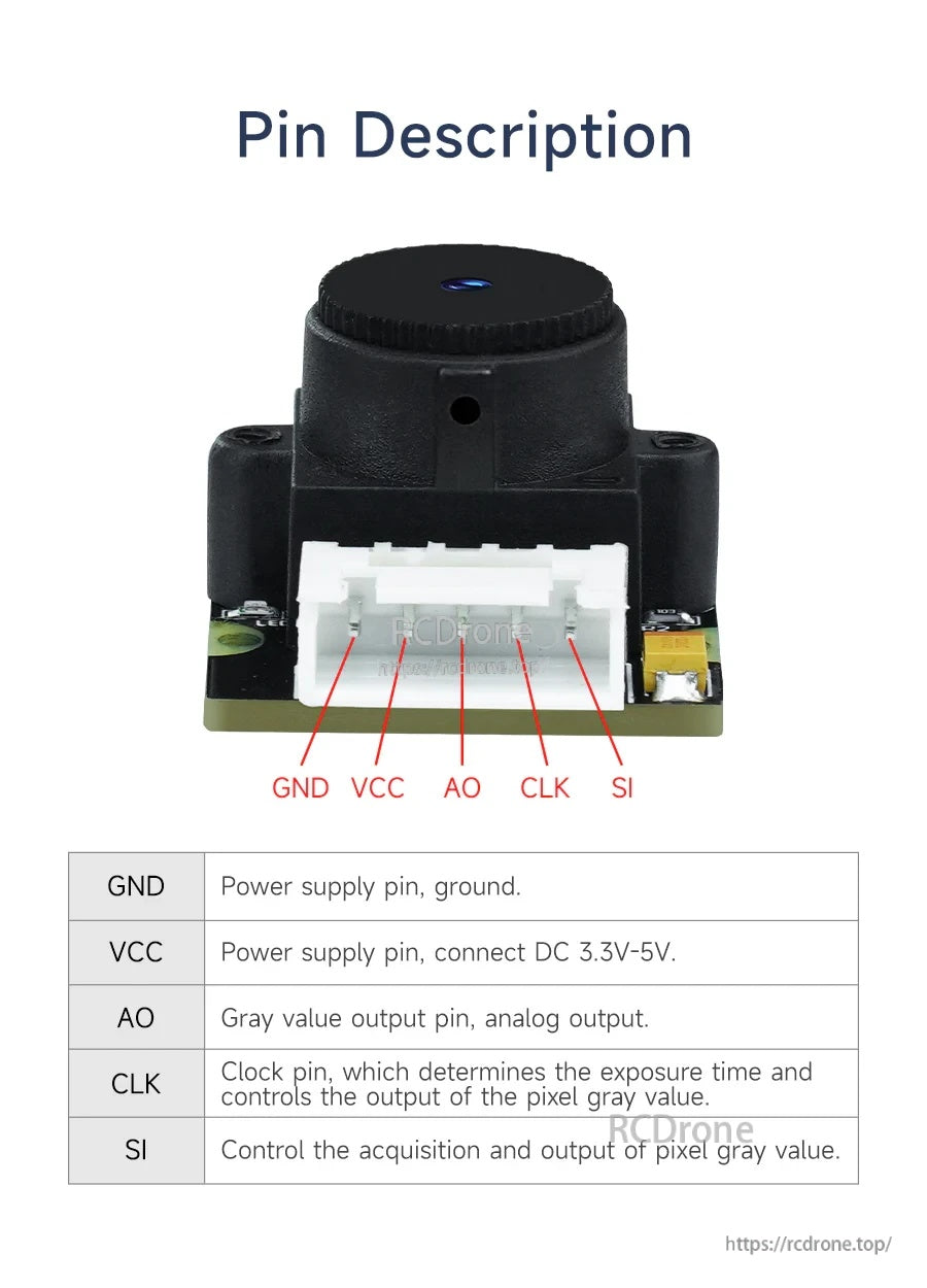 TSL1401 128-pixel linear CCD camera pinout with labels for GND, VCC, AO, CLK, and SI