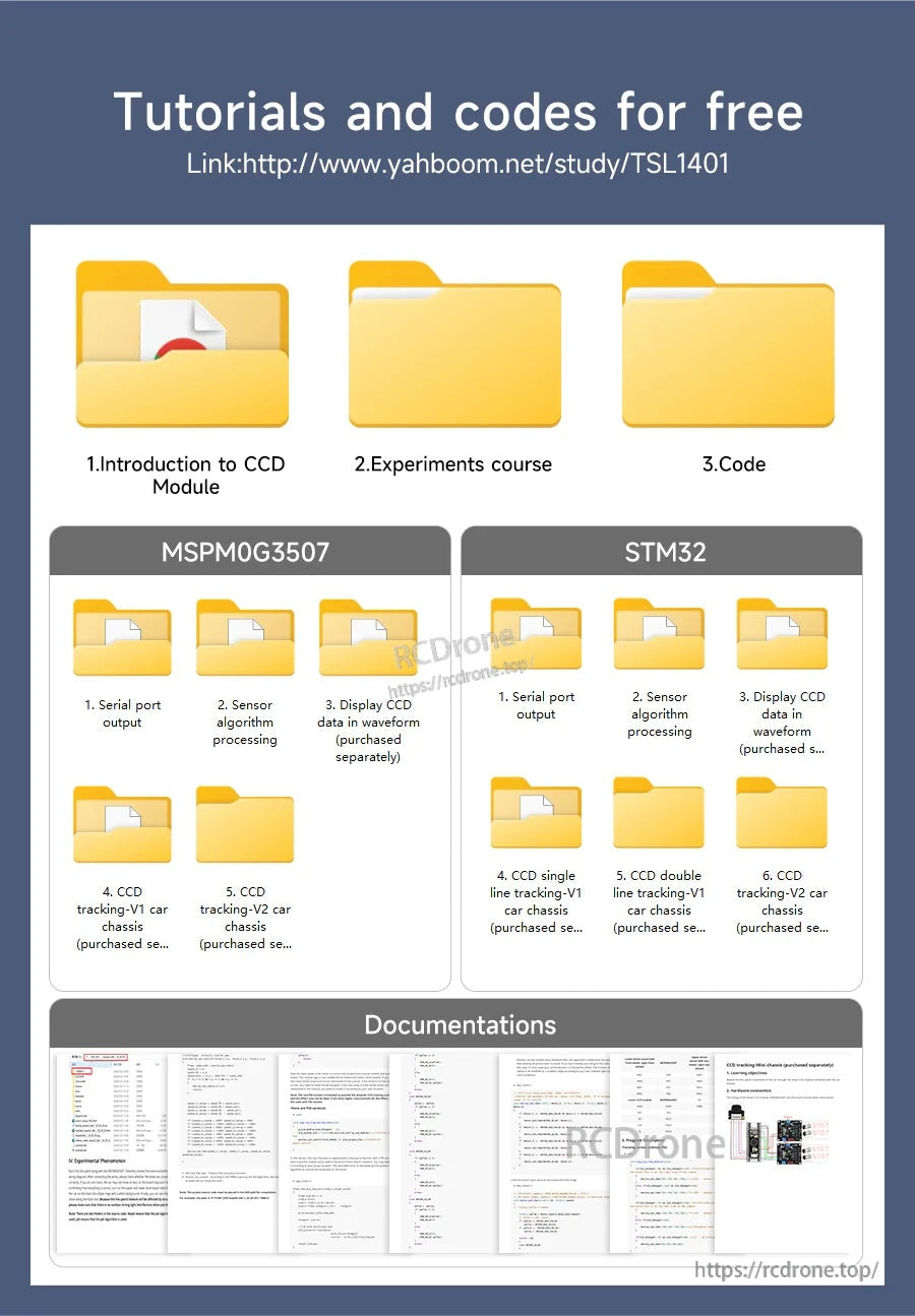 Tutorials and code resources screen listing documentation and example projects for TSL1401 module drivers