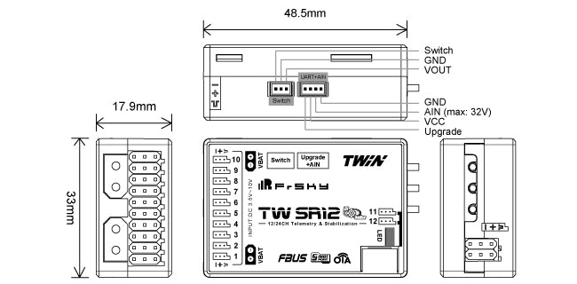 FrSky TW SR12 Receiver - TWIN Dual 2.4G, boasts the ADV stabilization feature 12 Configurable Channel Ports 4 FrSky TW SR12 Receiver, 48.Smm Switch GND VOUT GND 17.9mm (max: 32V