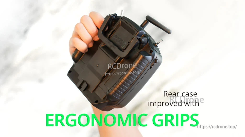 TX12 MKII rear case shell installed on radio controller, highlighting the improved ergonomic grip texture