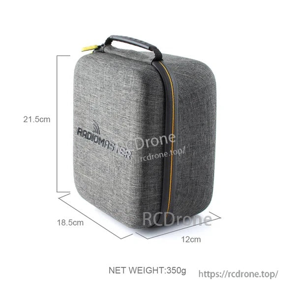 Grey RadioMaster transmitter case with dimensions 21.5 × 18.5 × 12 cm and net weight 350 g