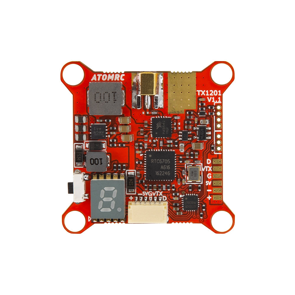 ATOMRC TX1201 5.8G 1.2W VTX top view PCB with USB port, 7-segment display and power/IO pads