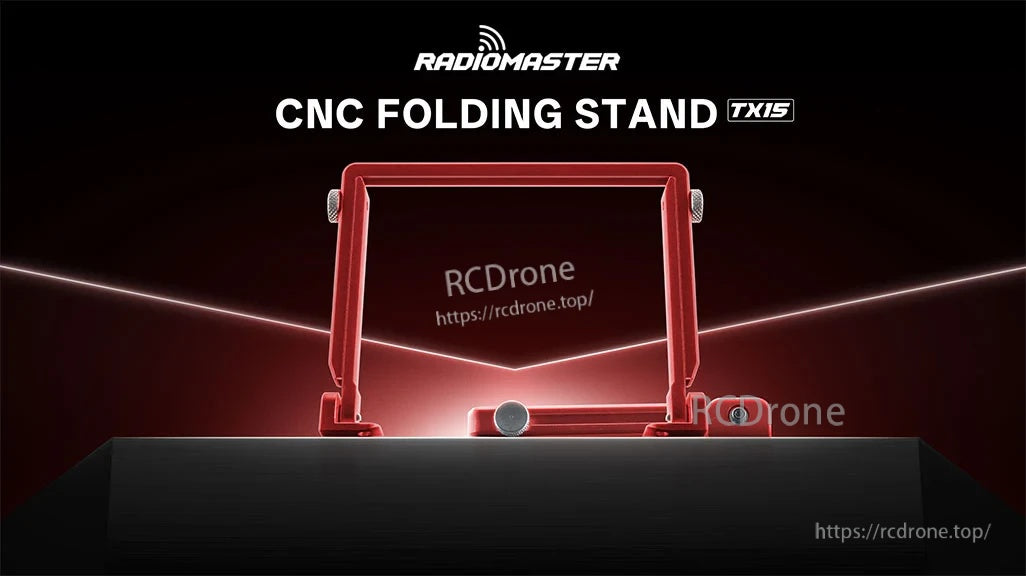 RadioMaster TX15 adjustable length CNC folding stand in red anodized aluminum, front view
