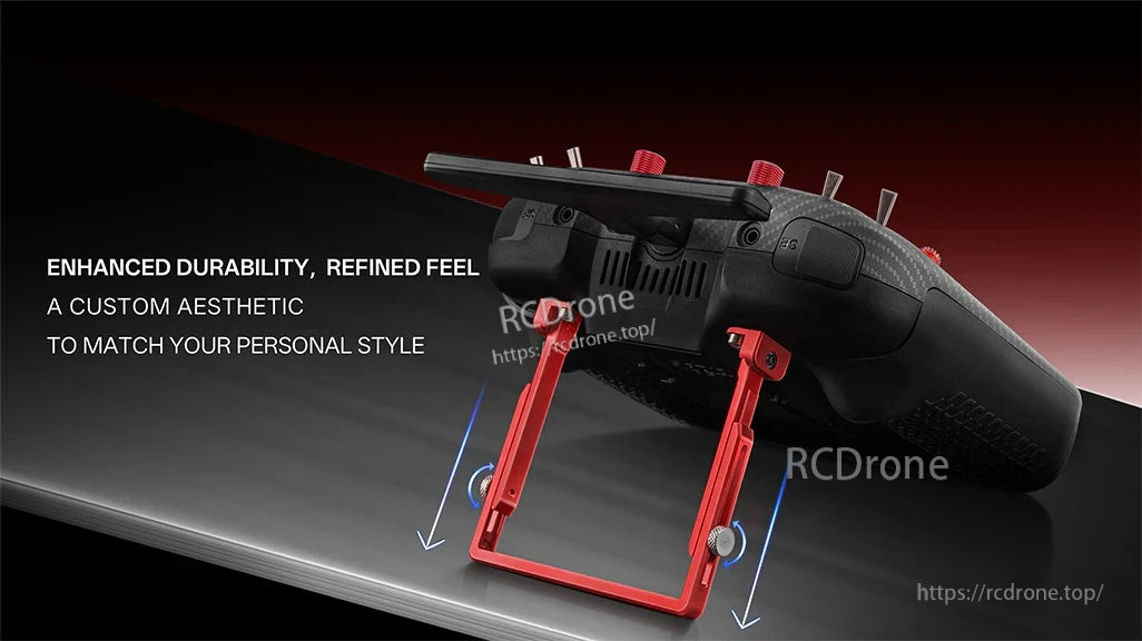 CNC aluminum folding stand supporting a RadioMaster TX15 transmitter, showing adjustable length and resting angle