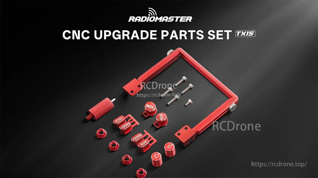 RadioMaster TX15 CNC Upgrade Parts Set with red anodized aluminum stand, buttons, knobs, scroll wheel, and bolts