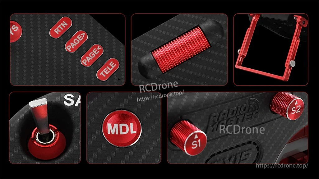 Close-up of TX15 aluminum upgrades: MDL/S1/S2 controls, SYS/RTN/PAGE/TELE buttons, and folding stand details