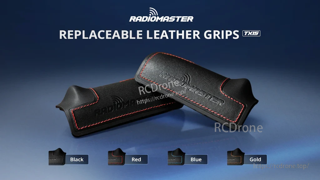 RadioMaster TX15 replaceable leather grips set with color-matched stitching, available in black, red, blue, or gold