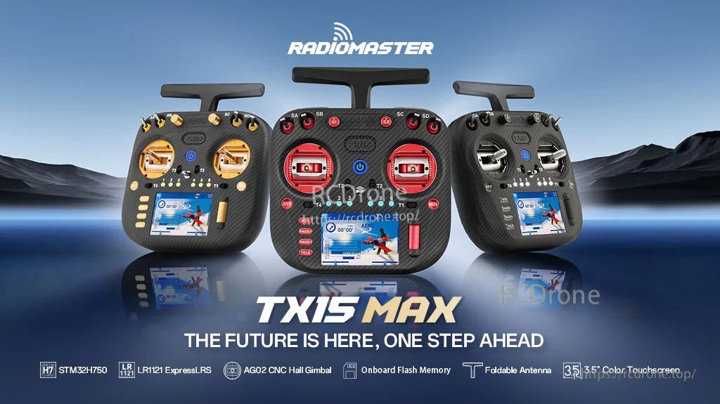 RadioMaster TX15 Max RC radio controller lineup in black, red, and gold with 3.5-inch touchscreen