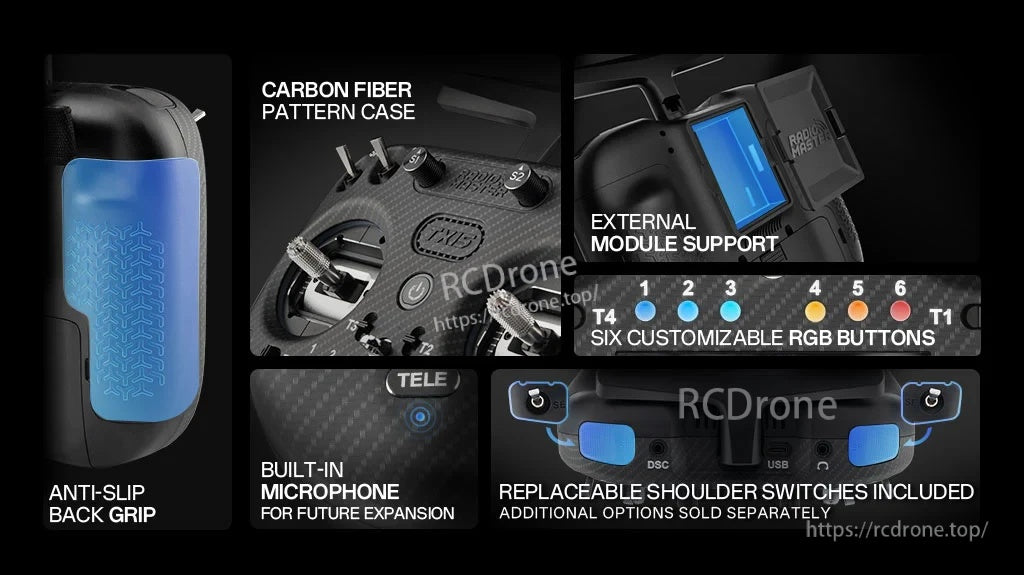 TX15 Max feature collage showing carbon fiber pattern case, external module support, RGB buttons, and anti-slip grip