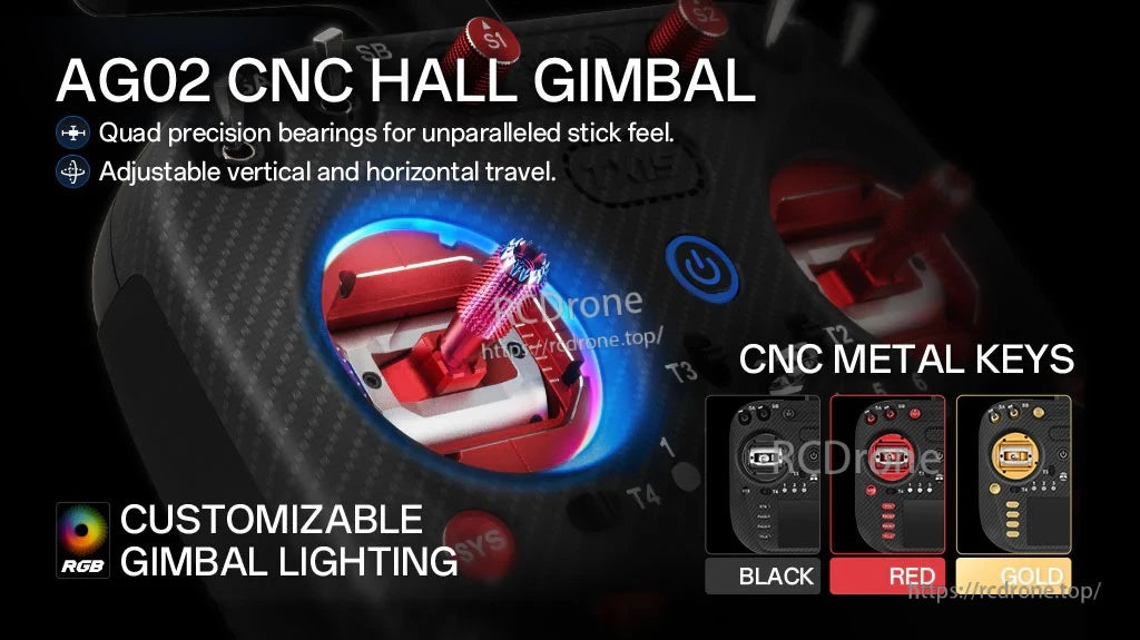 AG02 CNC Hall gimbal close-up with customizable RGB lighting and CNC metal keys color options