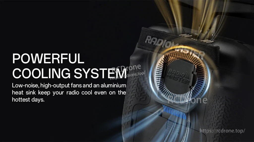RadioMaster TX15 Max cooling system graphic showing fan airflow and aluminum heat sink inside the case