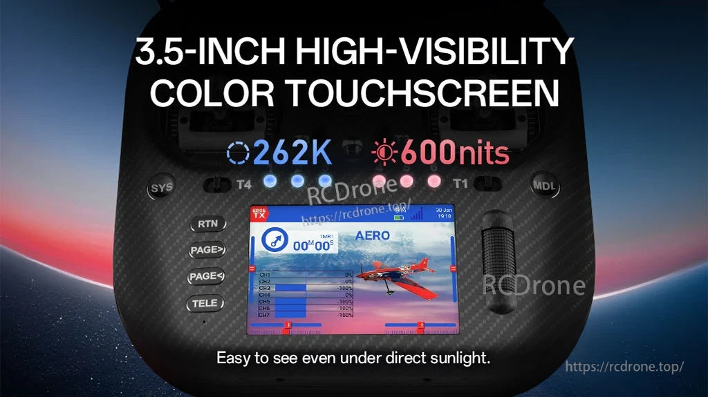 TX15 Max 3.5-inch high-visibility color touchscreen interface with 262K colors and 600 nits brightness callouts