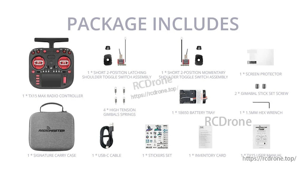 Package contents layout for TX15 Max including carry case, USB-C cable, screen protector, switch parts, and tools