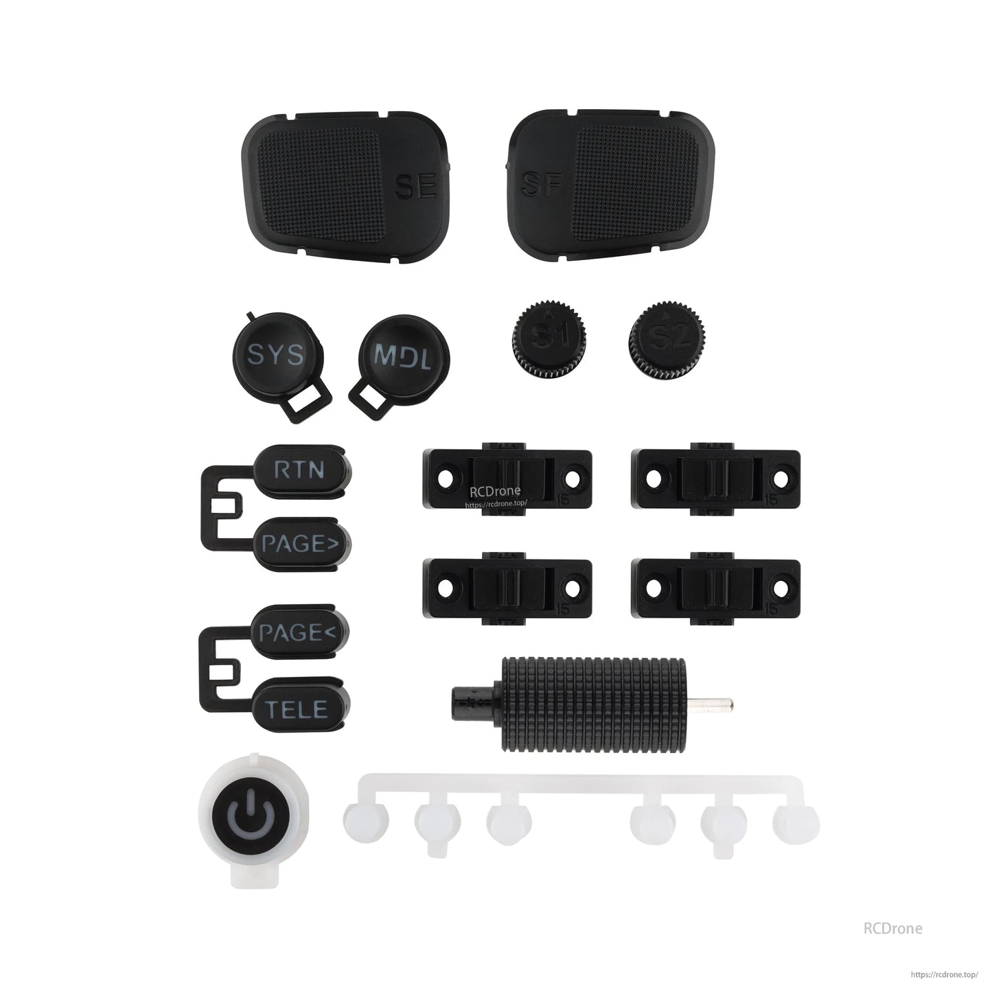 TX15 radio button set replacement kit parts layout with SYS/MDL/RTN/PAGE/TELE buttons and power icon