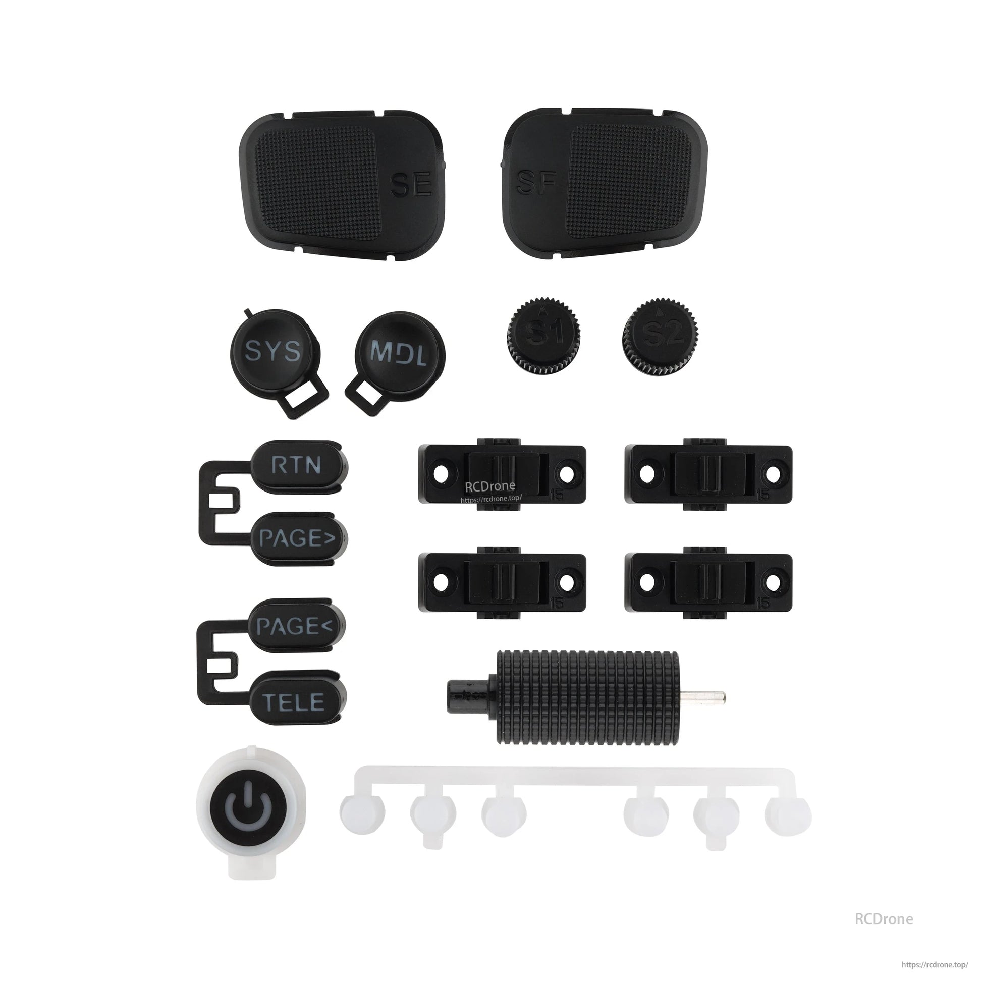 TX15 radio button set replacement kit parts layout with SYS/MDL/RTN/PAGE/TELE buttons and power icon