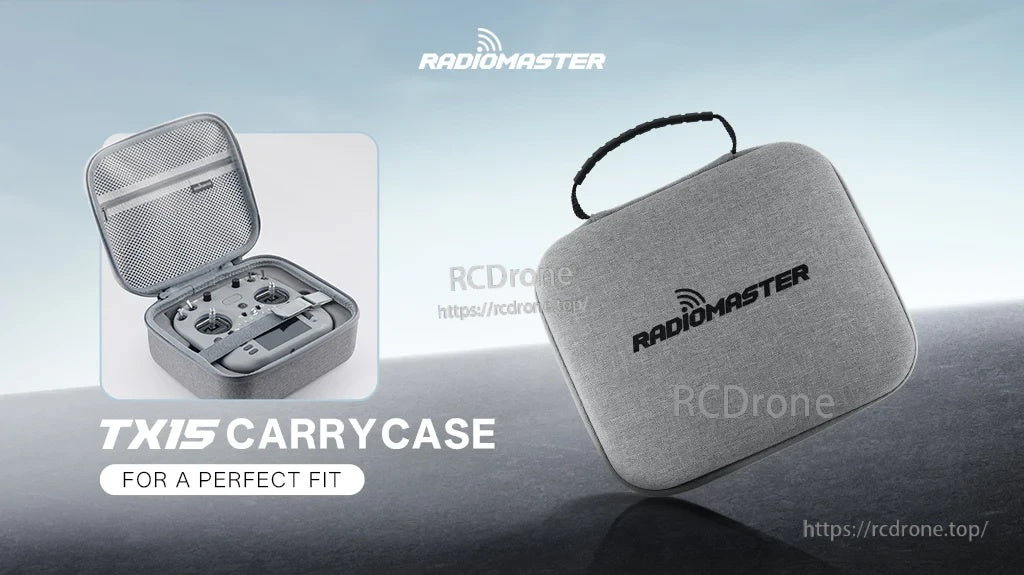 RadioMaster TX15 carry case with handle, shown closed and open for a precise-fit transmitter compartment