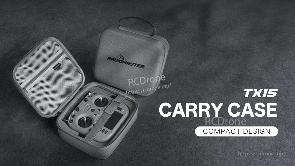 Open TX15 radio carry case with molded interior, securing strap and mesh pocket for compact storage