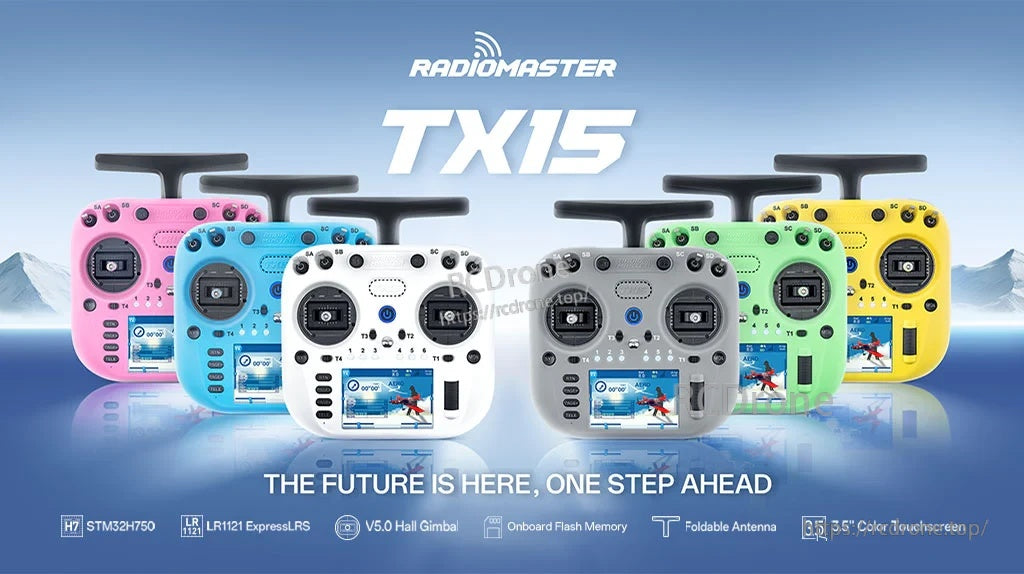 RadioMaster TX15 EdgeTX touchscreen radio controller lineup in six colors with foldable antenna