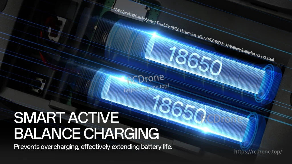 Smart active balance charging graphic showing dual 18650 battery support