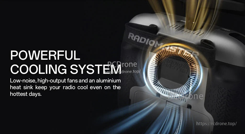 RadioMaster TX15 cooling system detail showing fans and aluminium heat sink airflow