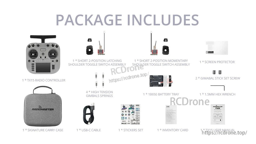 RadioMaster TX15 package contents overview including radio, carry case, USB-C cable, straps, springs, tray, tools, and manuals